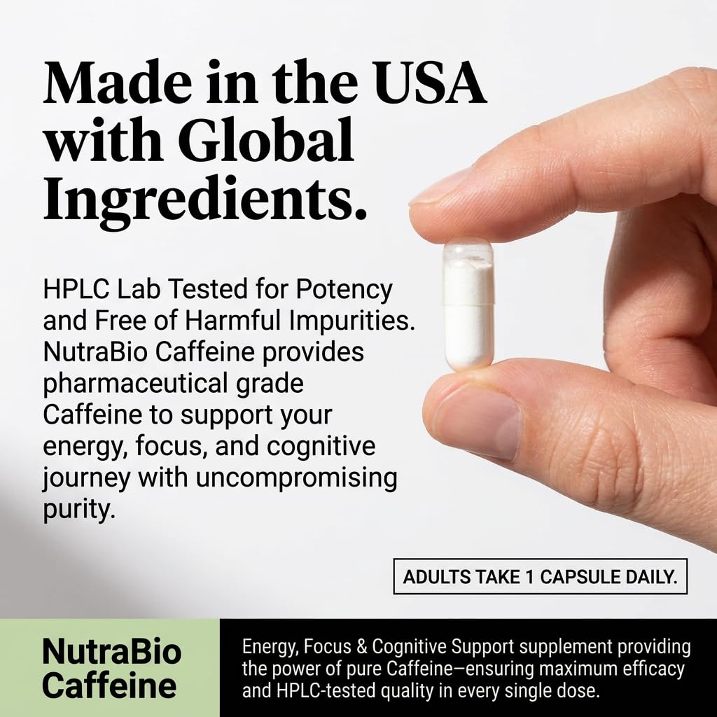 NutraBio 100% Pure Caffeine Capsules (250 Capsules) - Image 5