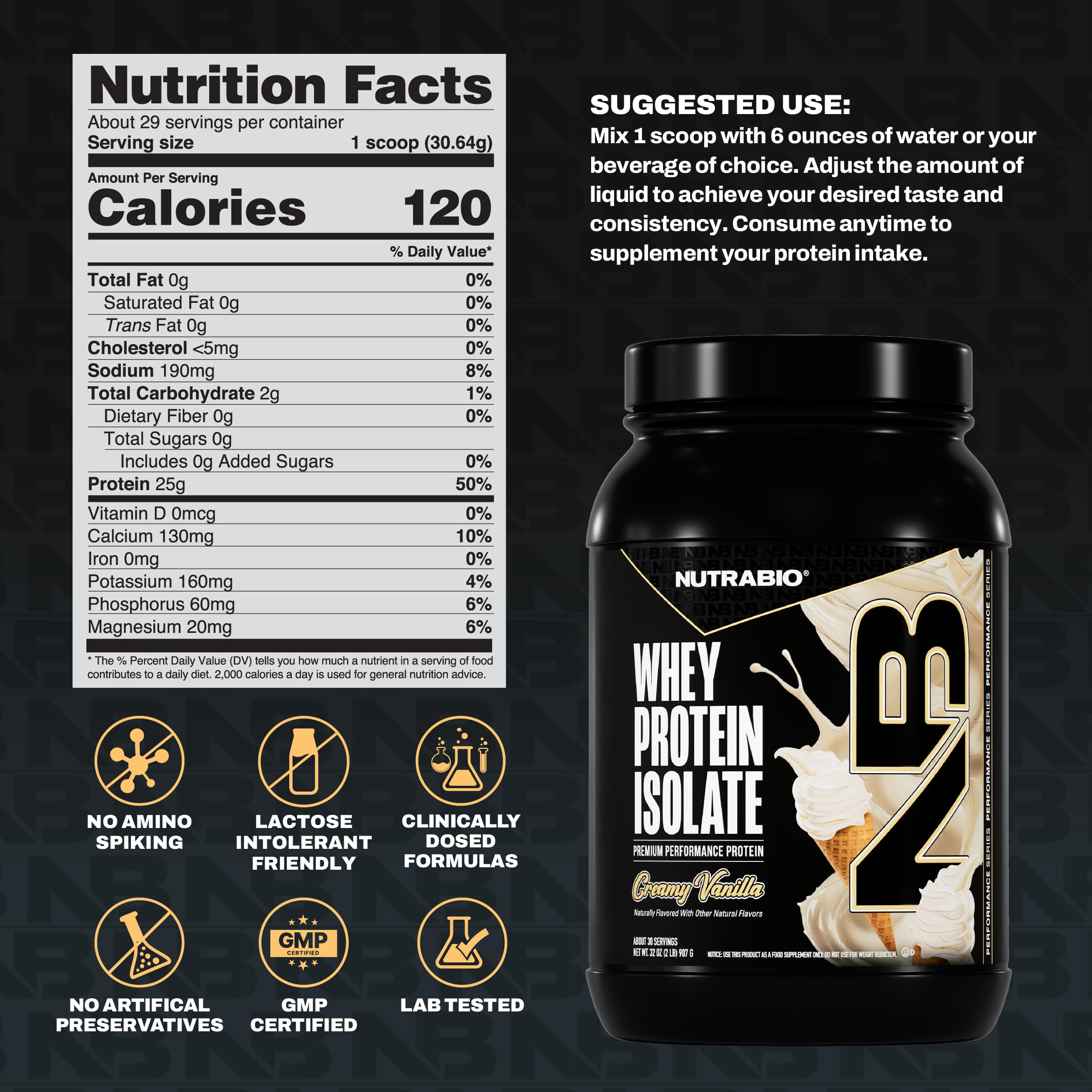 NutraBio 100% Whey Protein Isolate Protein Powder, 25g Protein with Complete Amino Acid Profile, Non-GMO, Soy & Gluten Free, Low Carb, Low Calorie Whey Protein Powder, Creamy Vanilla, 2 Lbs - Image 3