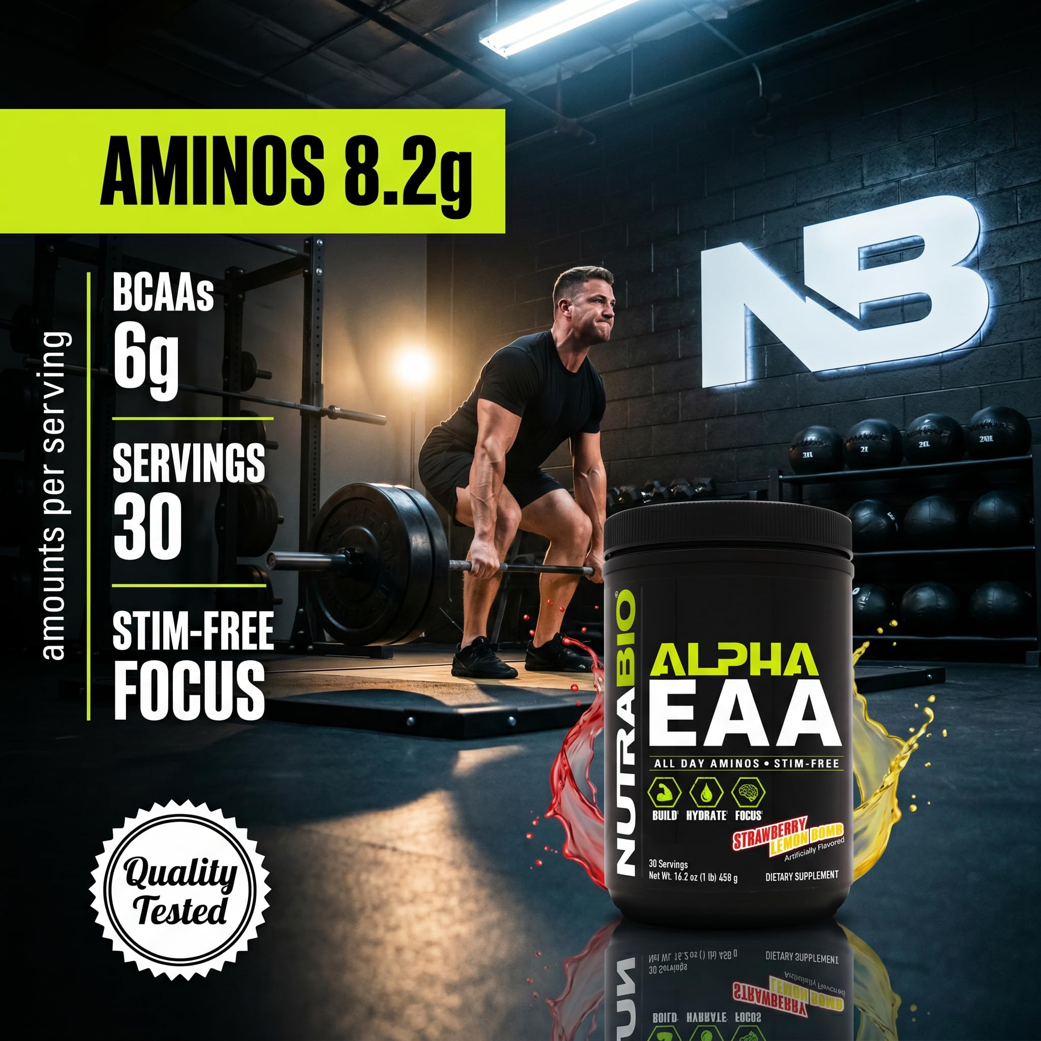 NutraBio Alpha EAA - All-Day Amino Acids for Muscle Growth and Hydration - Essential Amino Acids with Nootropics & Adaptogens- Full Spectrum EAA BCAA Powder - 30 Servings - Strawberry Lemon - Image 10