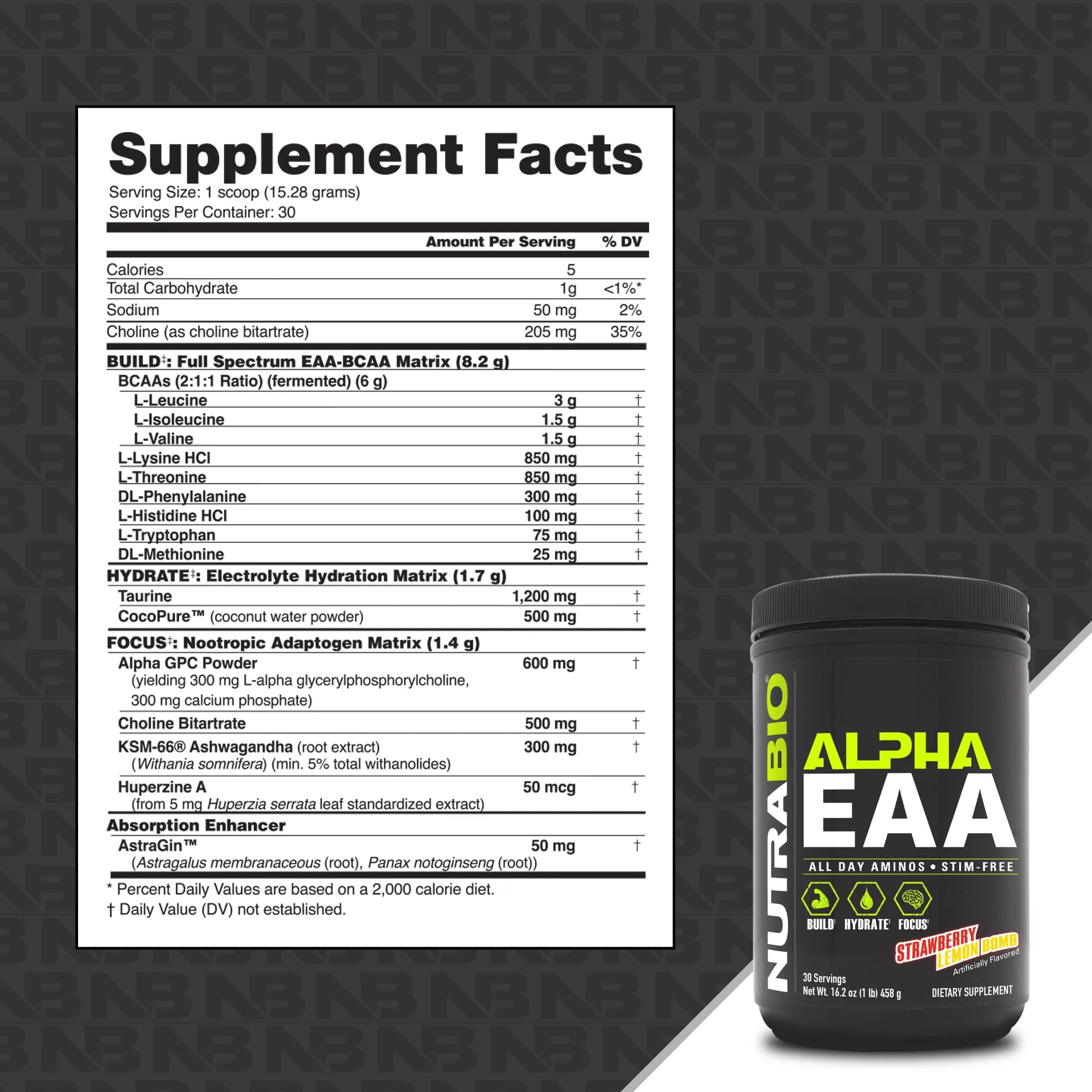 NutraBio Alpha EAA - All-Day Amino Acids for Muscle Growth and Hydration - Essential Amino Acids with Nootropics & Adaptogens- Full Spectrum EAA BCAA Powder - 30 Servings - Strawberry Lemon - Image 3
