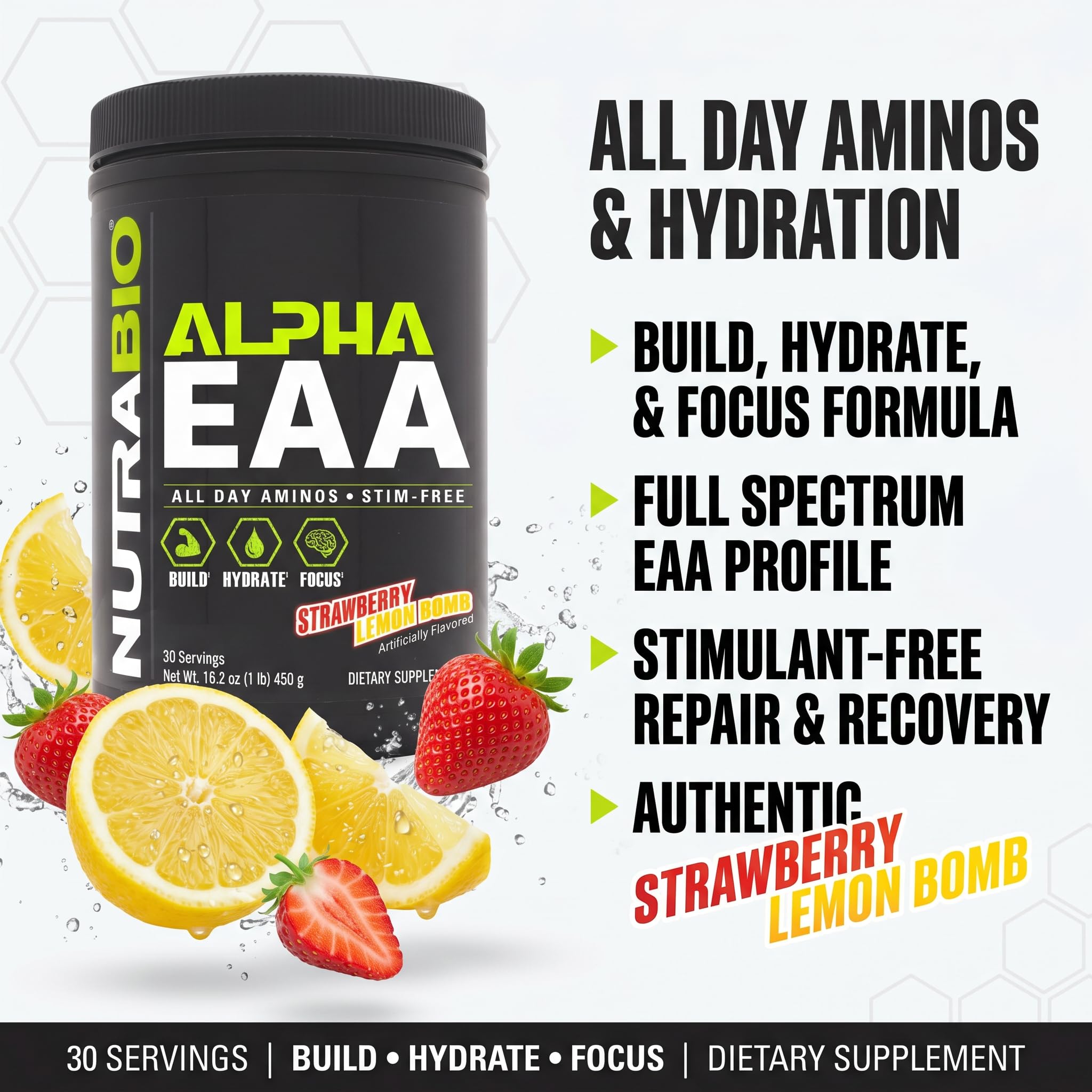 NutraBio Alpha EAA - All-Day Amino Acids for Muscle Growth and Hydration - Essential Amino Acids with Nootropics & Adaptogens- Full Spectrum EAA BCAA Powder - 30 Servings - Strawberry Lemon - Image 4