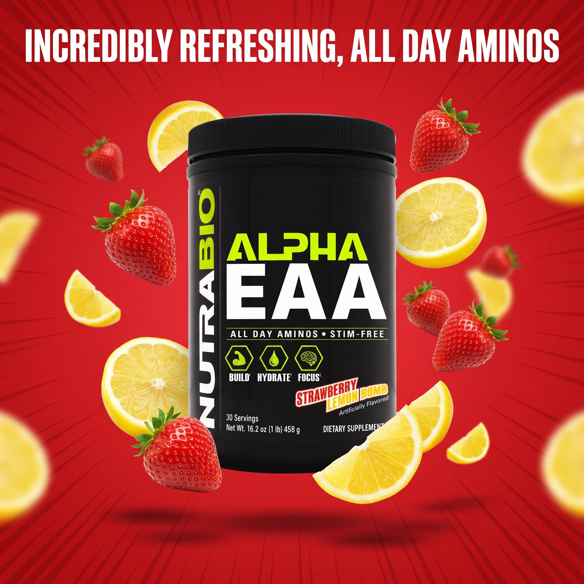 NutraBio Alpha EAA - All-Day Amino Acids for Muscle Growth and Hydration - Essential Amino Acids with Nootropics & Adaptogens- Full Spectrum EAA BCAA Powder - 30 Servings - Strawberry Lemon - Image 5