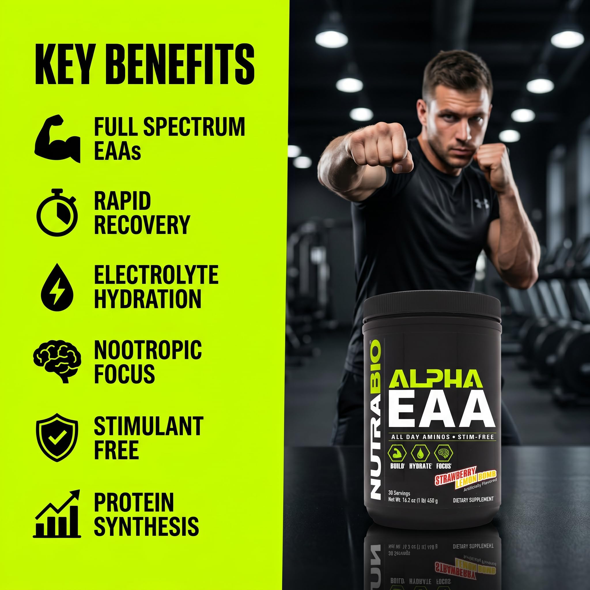 NutraBio Alpha EAA - All-Day Amino Acids for Muscle Growth and Hydration - Essential Amino Acids with Nootropics & Adaptogens- Full Spectrum EAA BCAA Powder - 30 Servings - Strawberry Lemon - Image 9