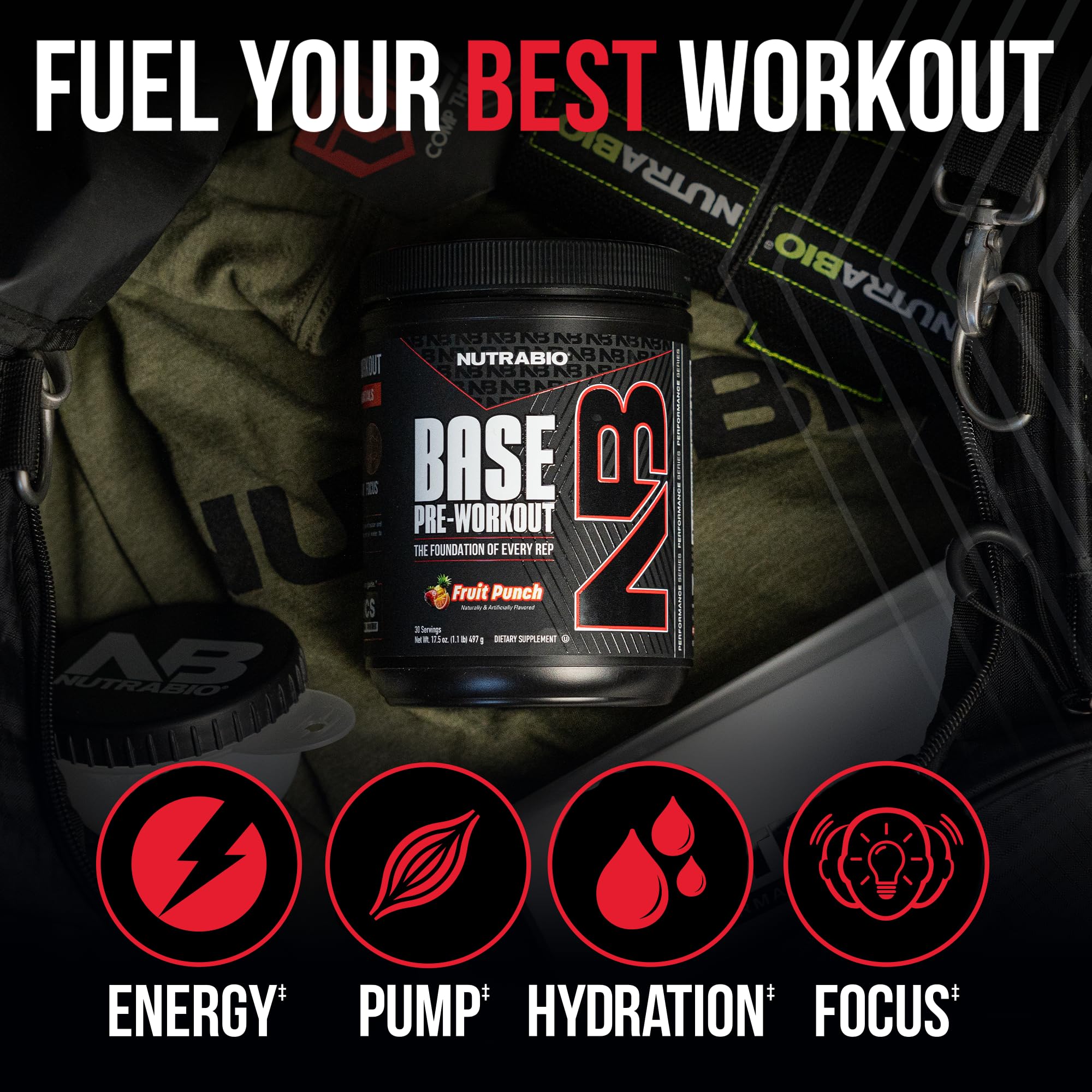 NutraBio Base Pre-Workout Powder 200mg Caffiene, Sustained Energy, Focus, Endurance, Pump, Sugar Free, Clean Preworkout for Men and Women - Beta Alanine, L-Tyrosine, 30 Servings - Fruit Punch - Image 6