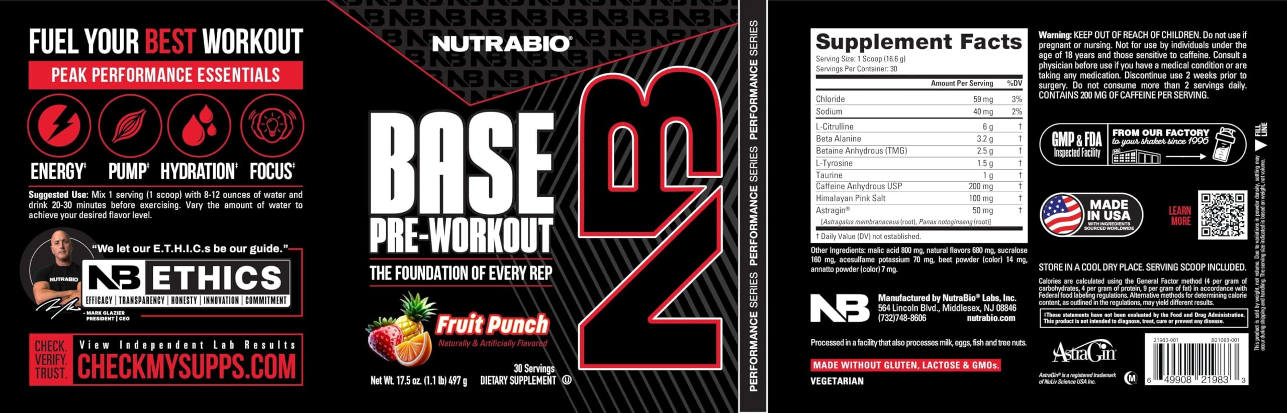 NutraBio Base Pre-Workout Powder 200mg Caffiene, Sustained Energy, Focus, Endurance, Pump, Sugar Free, Clean Preworkout for Men and Women - Beta Alanine, L-Tyrosine, 30 Servings - Fruit Punch - Image 8