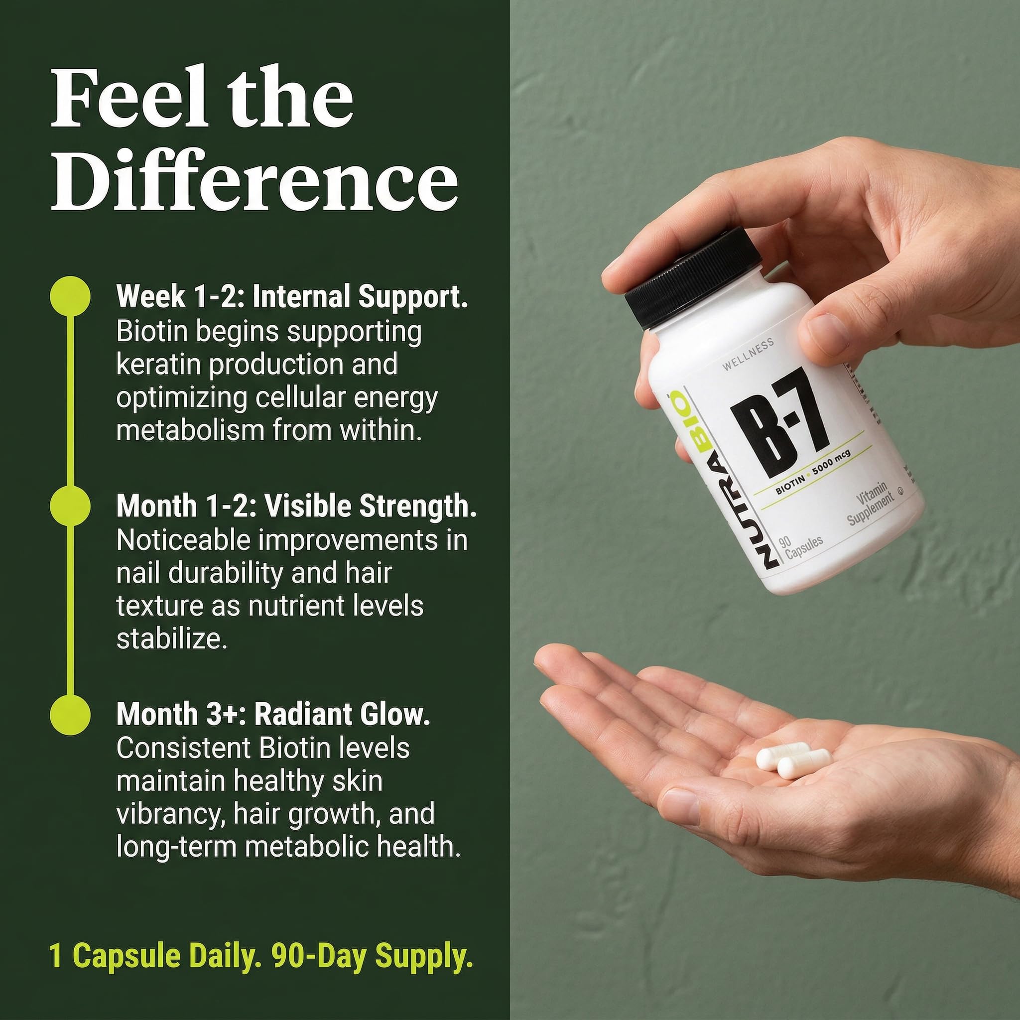 NutraBio Biotin (Vitamin B-7) Supplement, 5000mcg - May Help Promote Healthy Hair, Skin, and Nails, 90 Vegetable Capsules - Image 4