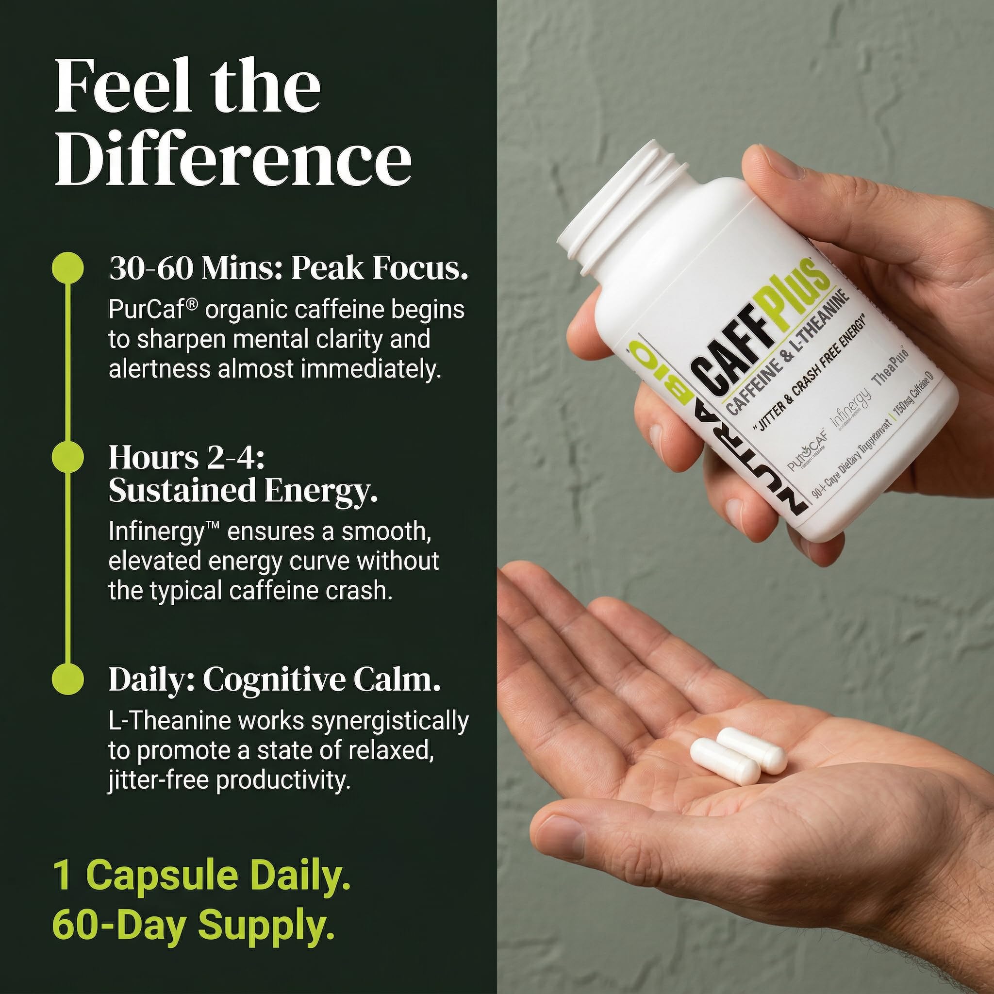 NutraBio CaffPlus, Dual Source Caffeine with Theanine for Healthy Energy Boost - 60 Vegetable Capsules - Image 3