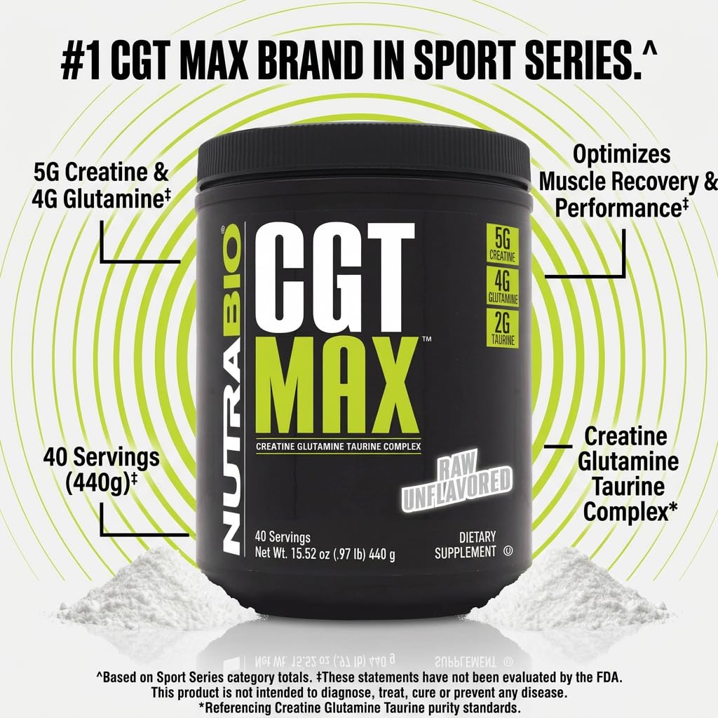 NutraBio CGT-MAX Powder- Creatine, Glutamine and Taurine to Support Muscle Recovery and Strength - 40 Servings - Unflavored - Image 3