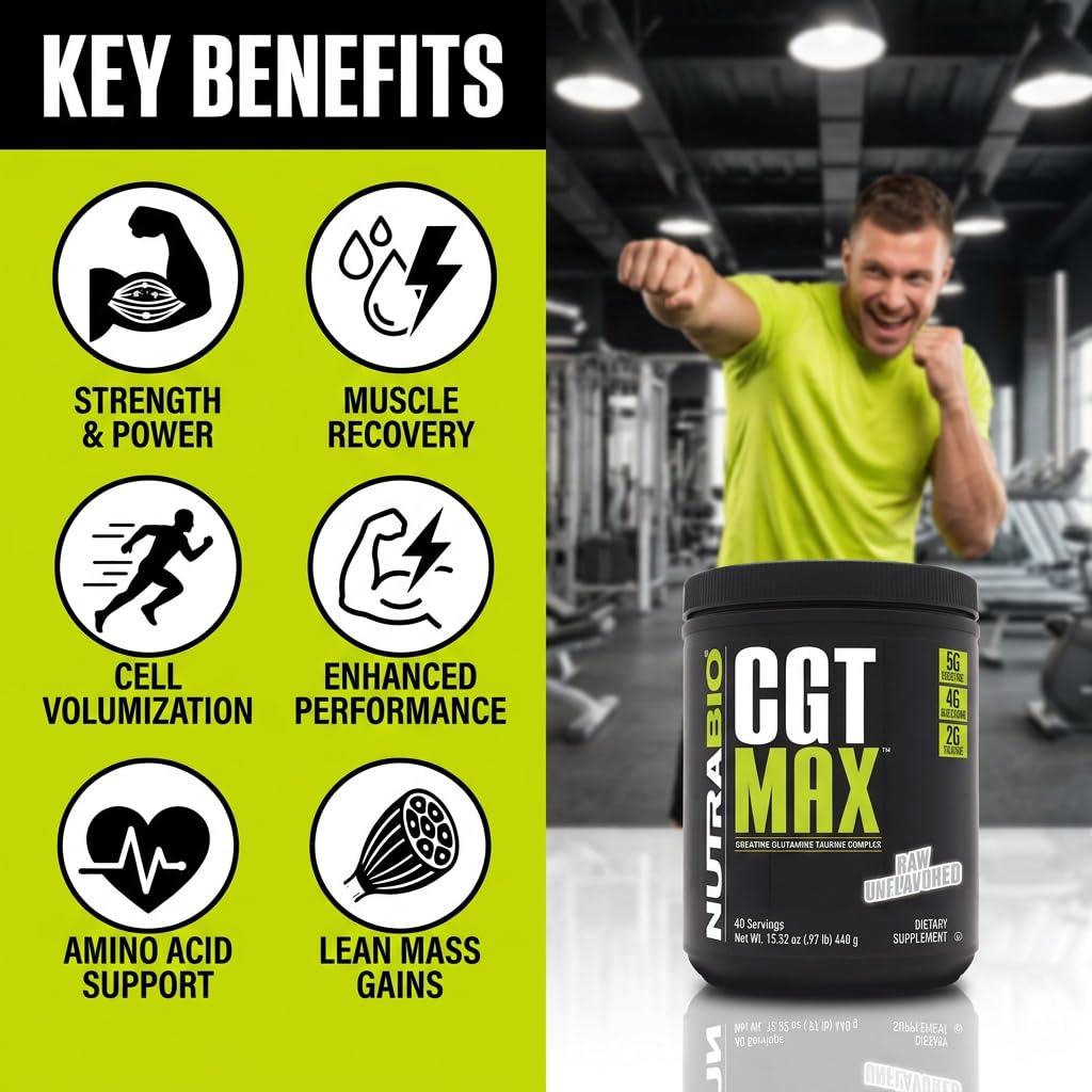 NutraBio CGT-MAX Powder- Creatine, Glutamine and Taurine to Support Muscle Recovery and Strength - 40 Servings - Unflavored - Image 7