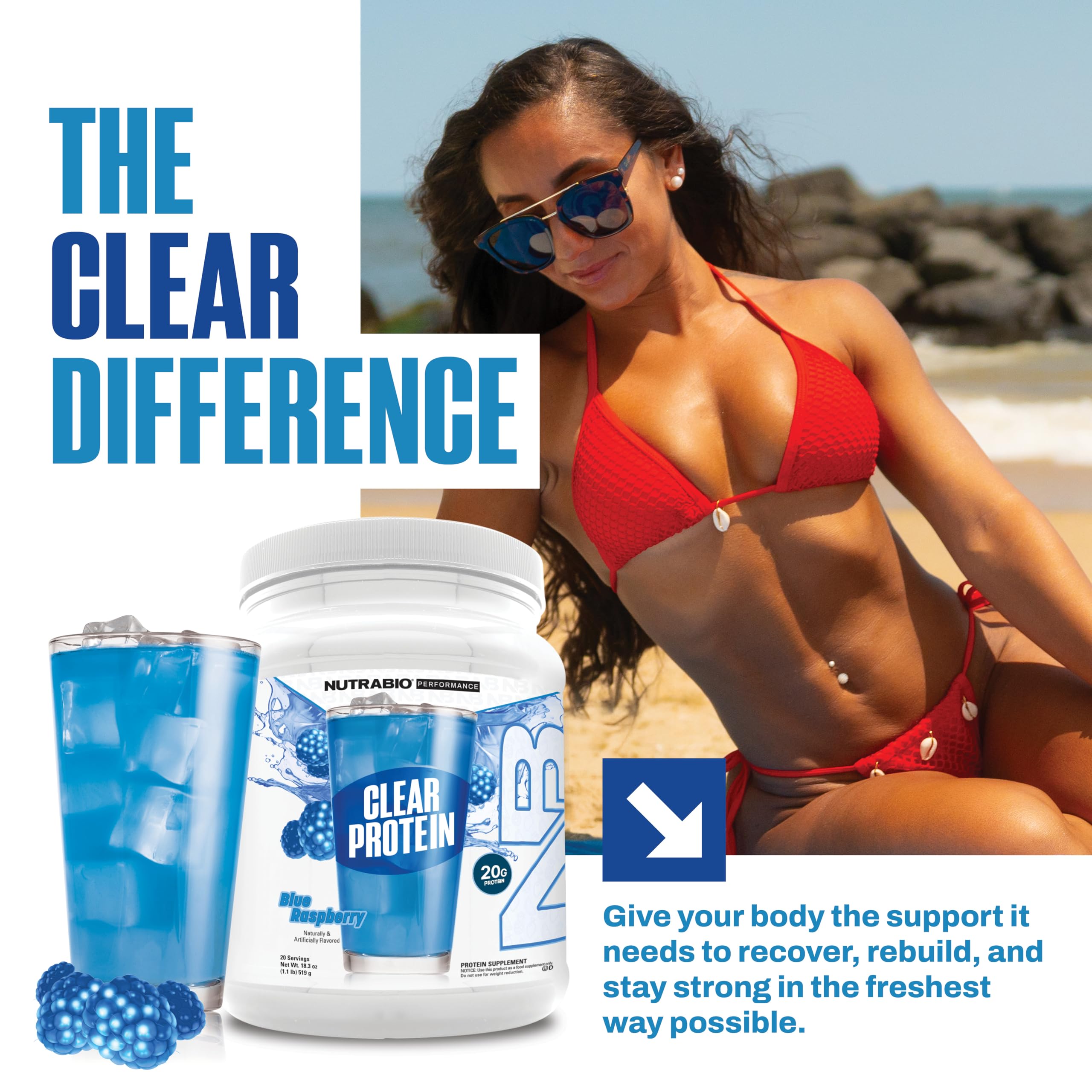 NutraBio Clear Protein Powder, Blue Raspberry - 20 Servings, 20g Clear Whey Protein Isolate, 0 Sugar, 0g Lactose, Refreshing Fruit Flavors, GLP1 Support - Bone Health - Muscle Post Workout Recovery - Image 4