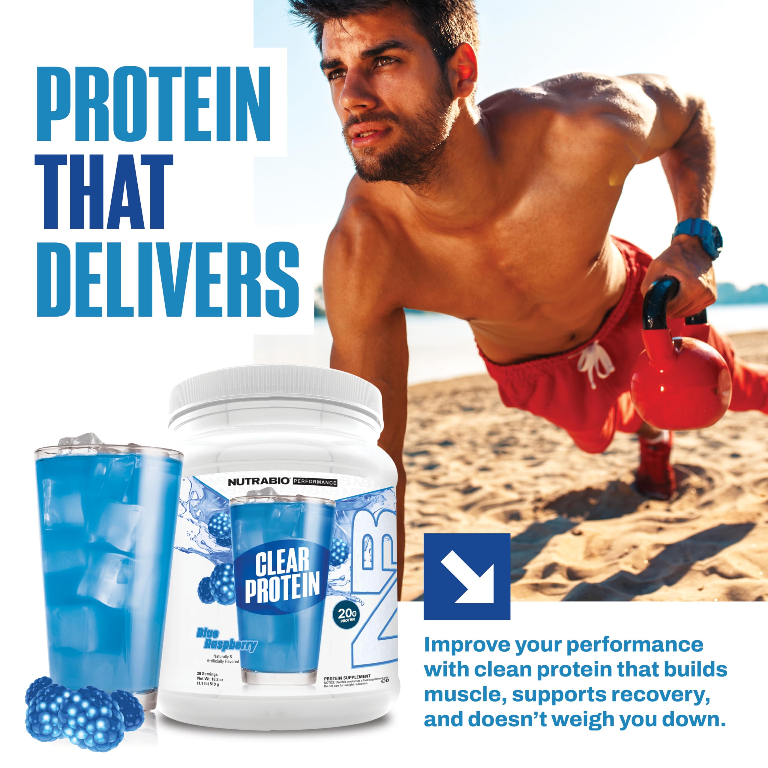 NutraBio Clear Protein Powder, Blue Raspberry - 20 Servings, 20g Clear Whey Protein Isolate, 0 Sugar, 0g Lactose, Refreshing Fruit Flavors, GLP1 Support - Bone Health - Muscle Post Workout Recovery - Image 6