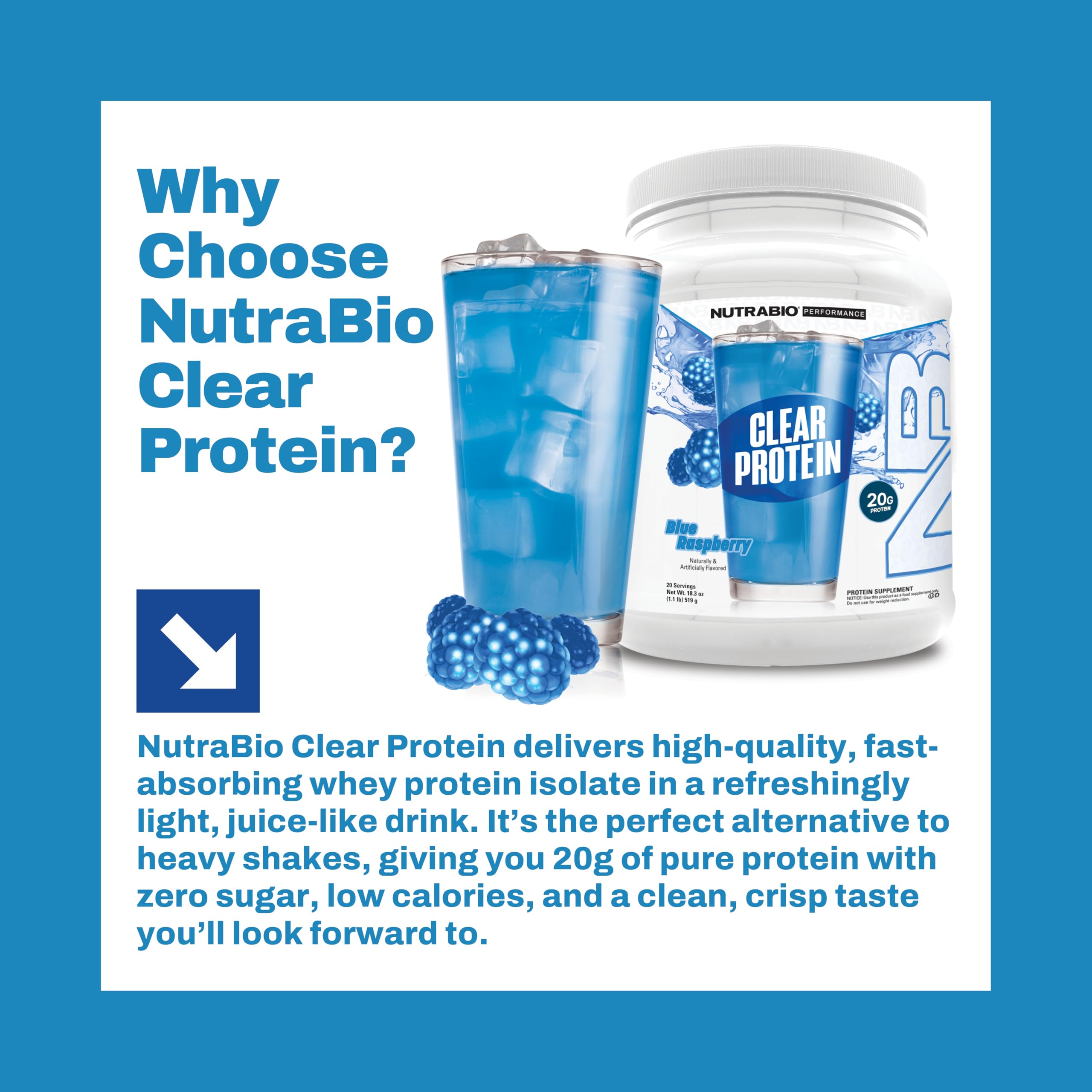 NutraBio Clear Protein Powder, Blue Raspberry - 20 Servings, 20g Clear Whey Protein Isolate, 0 Sugar, 0g Lactose, Refreshing Fruit Flavors, GLP1 Support - Bone Health - Muscle Post Workout Recovery - Image 7