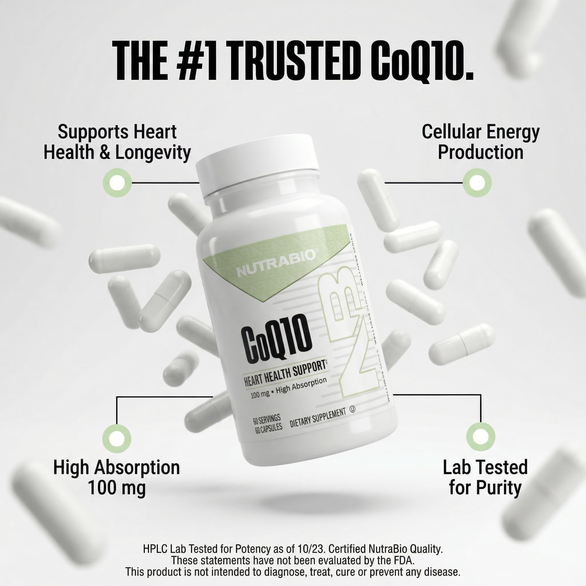 NutraBio CoQ10 Dietary Supplement, Healthy Heart Function & Cellular Energy Production, 100mg - 60 Capsules - Image 8