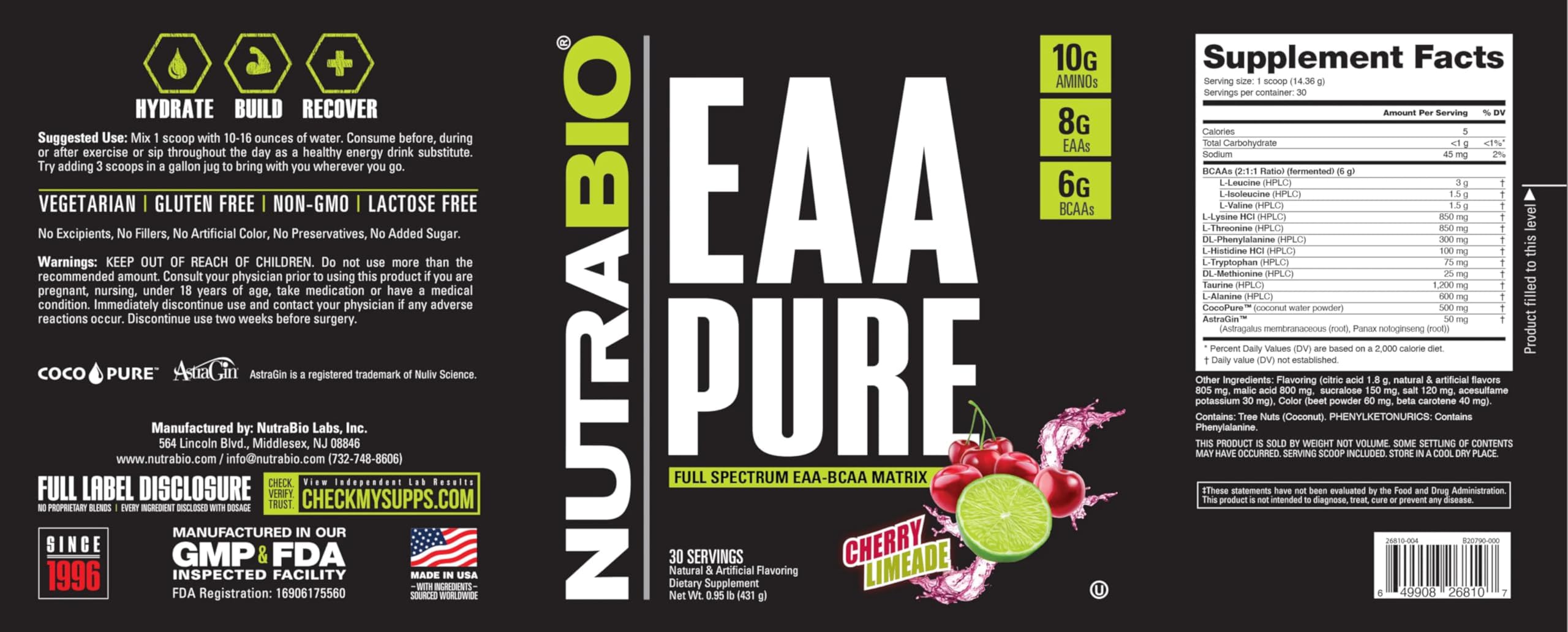 NutraBio – EAA Pure – 9 Amino Acids – Muscle Repair and Recovery, 30 Servings, Cherry Limeade – Pre or Post Workout – All Day Recovery - Image 3