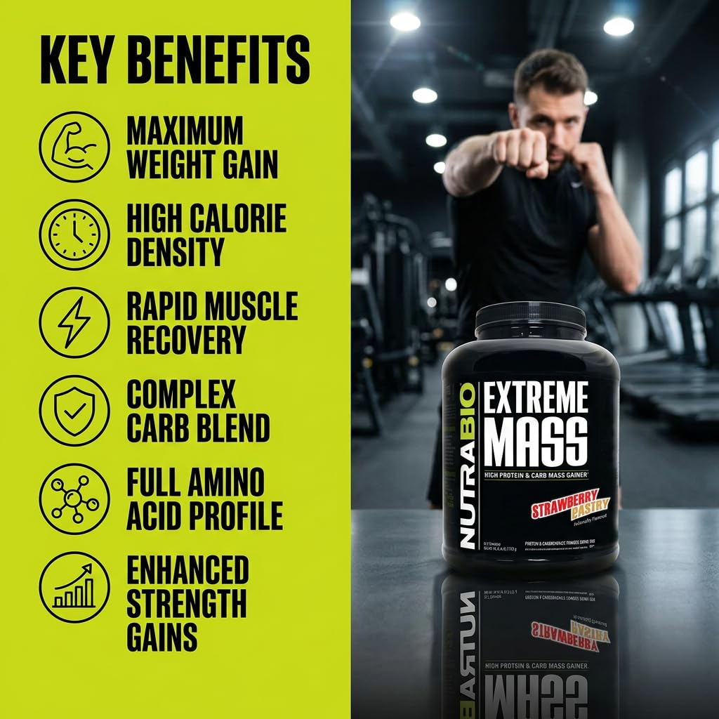 NutraBio Extreme Mass Gainer Protein Powder, 53G Protein, Clean Weight Gainer, Increase Muscle Mass, Full Spectrum Amino Acid - Strawberry Pastry, 6 Pound - Image 4