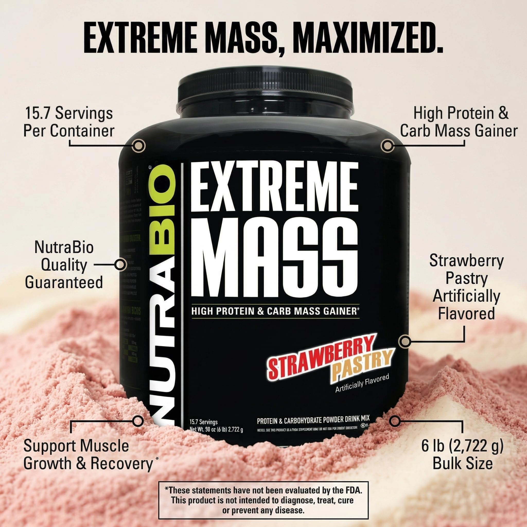 NutraBio Extreme Mass Gainer Protein Powder, 53G Protein, Clean Weight Gainer, Increase Muscle Mass, Full Spectrum Amino Acid - Strawberry Pastry, 6 Pound - Image 6