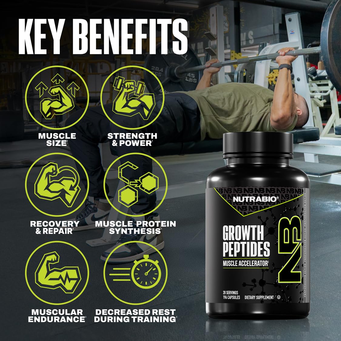 NutraBio Growth Peptides |Muscle Accelerator with DiLeucine & PeptiStrong | Peptides for Muscle Growth Men & Women- 28 Servings- 196 Capsules - Image 3