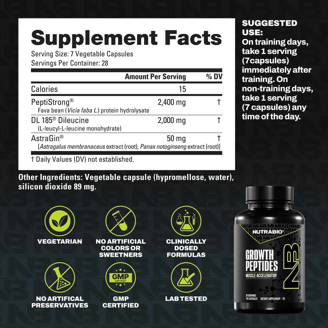 NutraBio Growth Peptides |Muscle Accelerator with DiLeucine & PeptiStrong | Peptides for Muscle Growth Men & Women- 28 Servings- 196 Capsules - Image 7