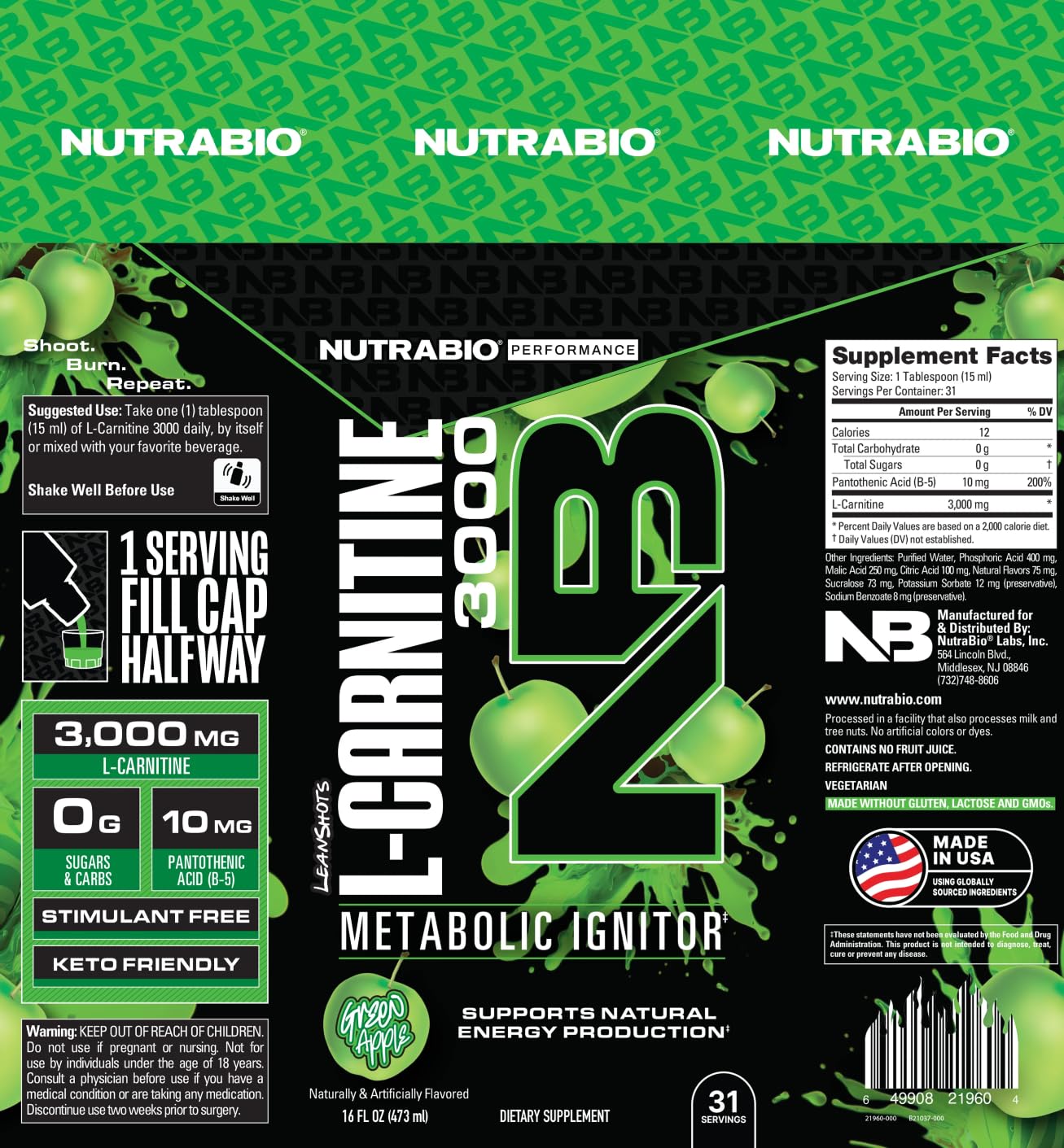 NutraBio – L-Carnitine Liquid Shots – 3000mg, (Green Apple) – 10mg of Vitamin B-5 – Zero Carbs & Sugars – Energy Production – Muscle Recovery - Image 5