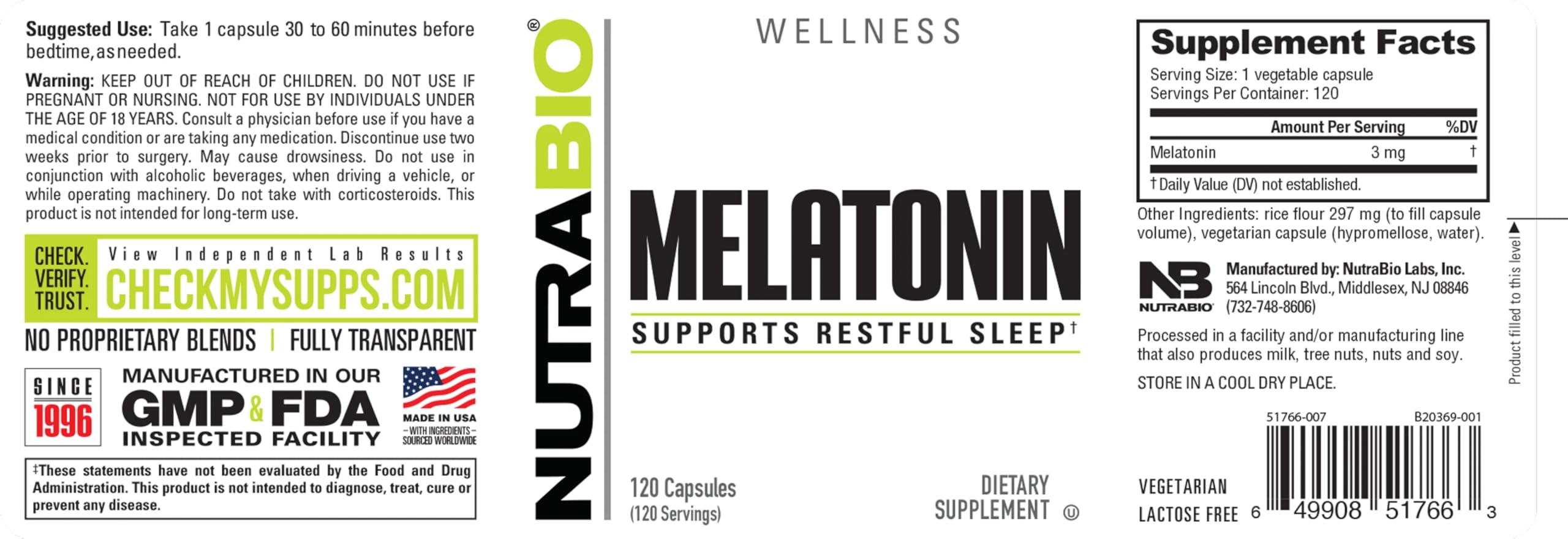 NutraBio Melatonin Sleep Aid 3mg, 120 Capsules - Image 3