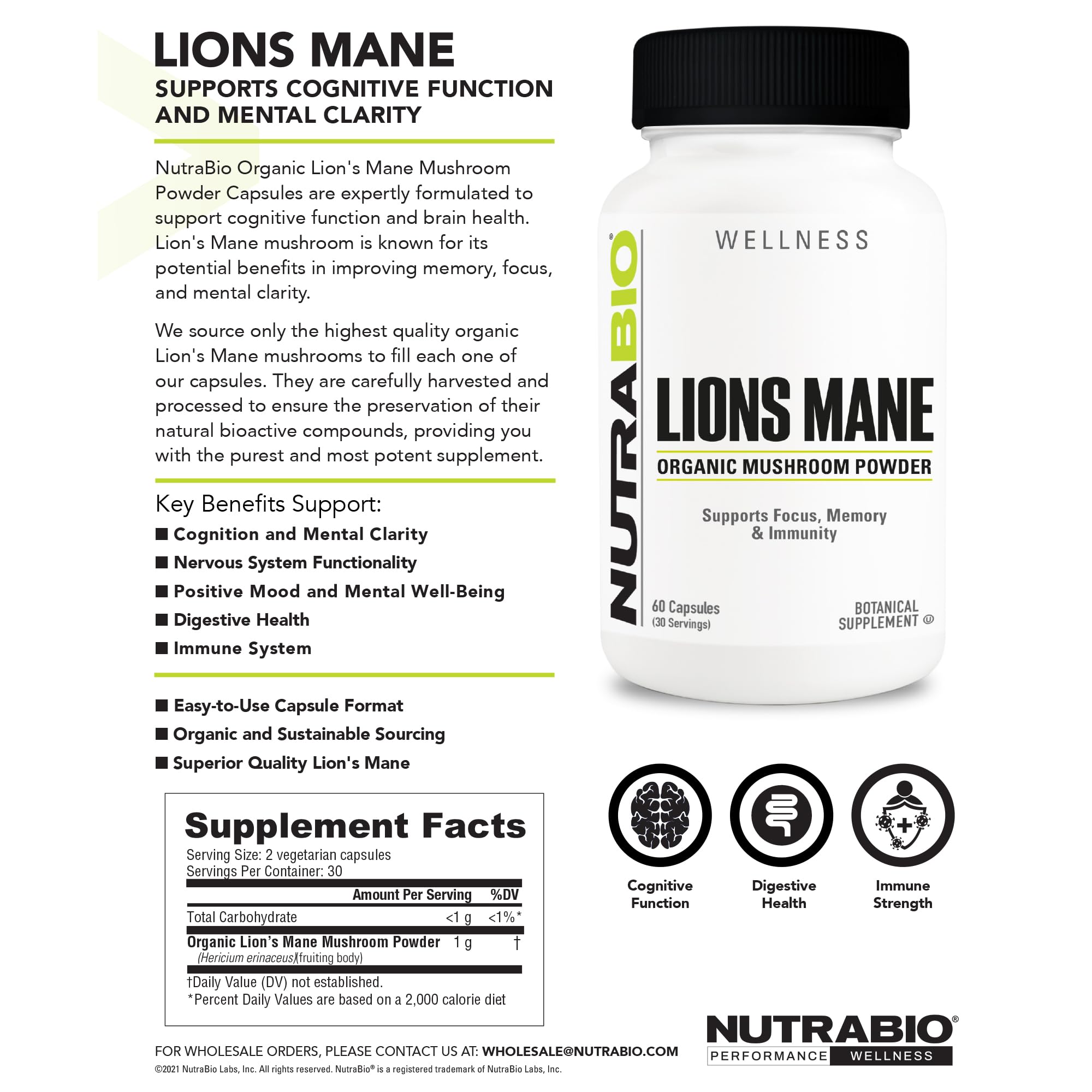 NutraBio Organic Lion's Mane Mushroom Supplement Capsules - 500mg Powder - Focus, Memory, Immunity Support - 60 Vegetable Capsules - Image 10