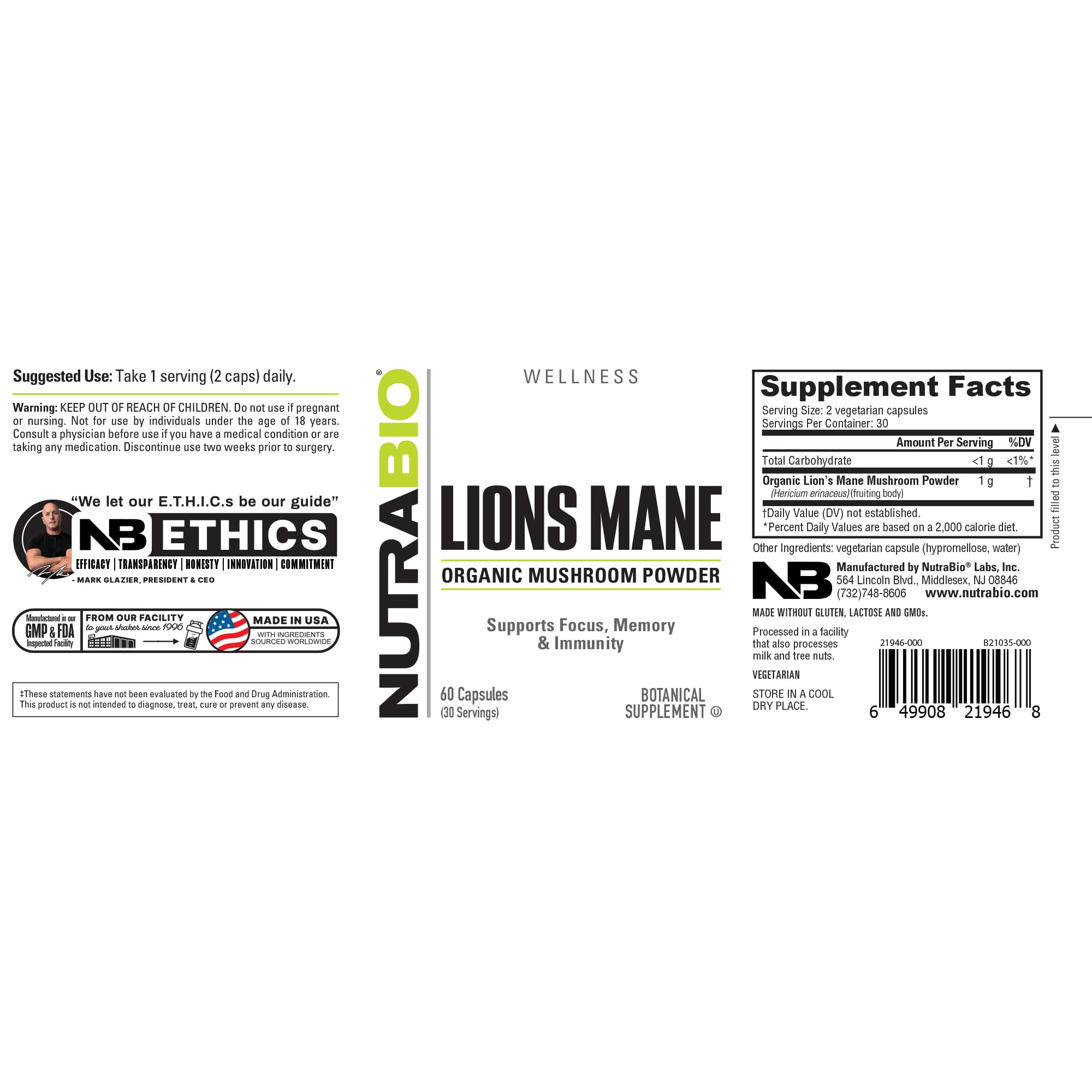 NutraBio Organic Lion's Mane Mushroom Supplement Capsules - 500mg Powder - Focus, Memory, Immunity Support - 60 Vegetable Capsules - Image 6