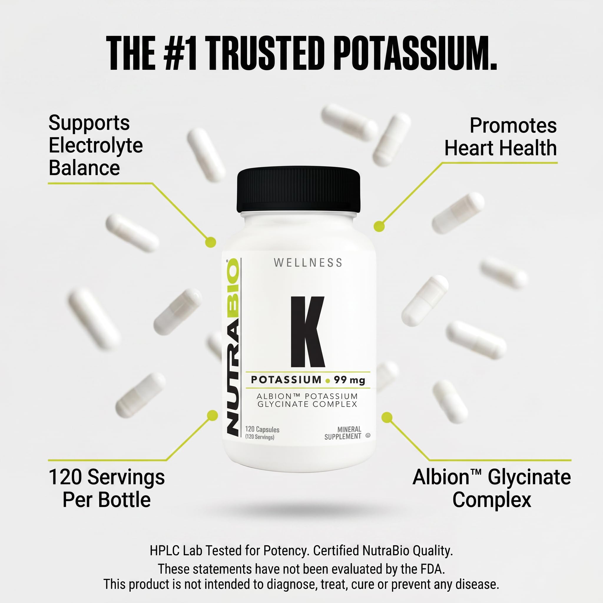 NutraBio Potassium Complex, Potassium Supplement for Healthy Heart, Bones, Muscles & Digestion, 99mg - 120 Vegetable Capsules - Image 6