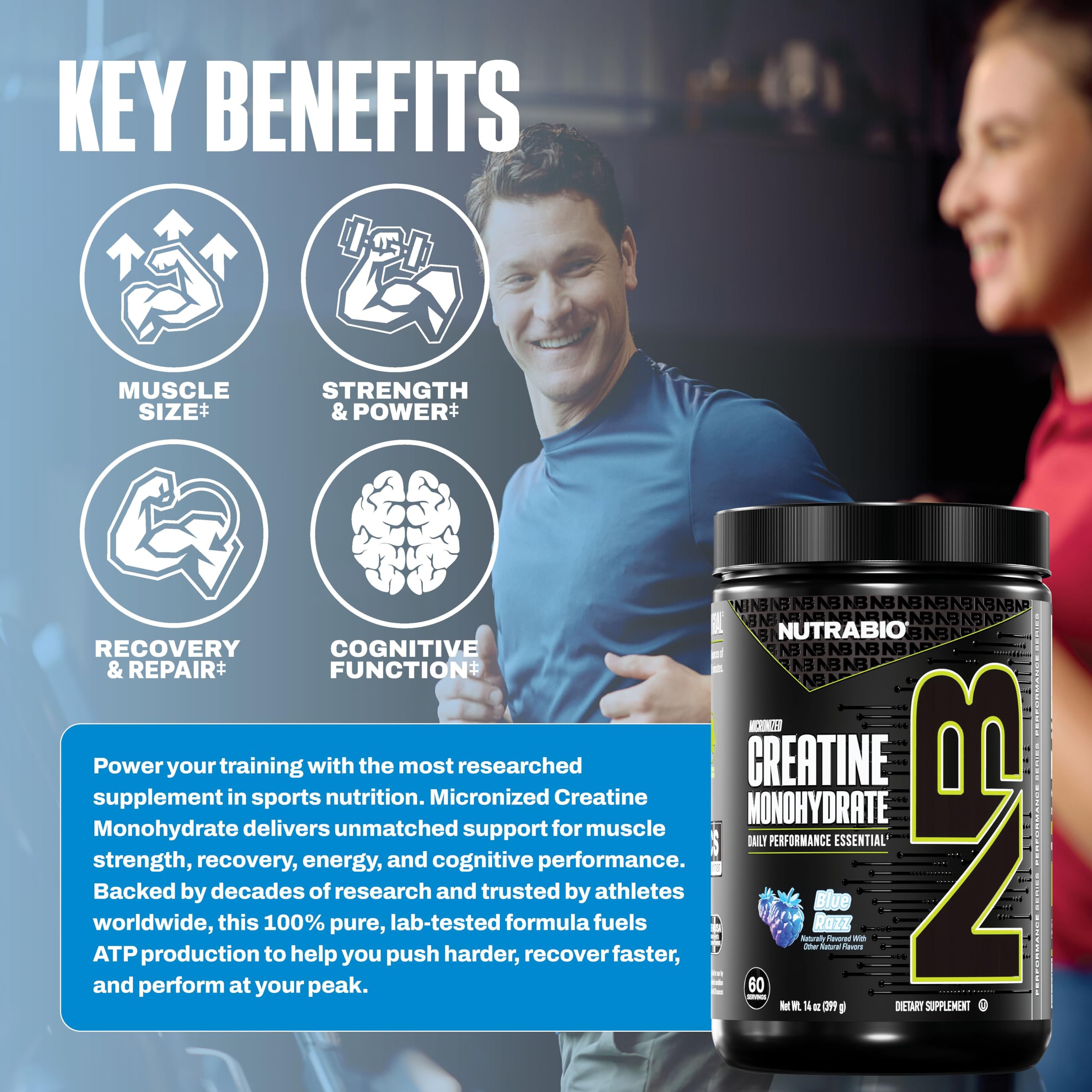 NutraBio Pure Micronized Creatine Monohydrate Powder Supplement, Blue Razz (300 g) - Supports Bulk Muscle Energy, Recovery, and Strength - HPLC Tested Creatine Powder Supplement for Men and Women - Image 4