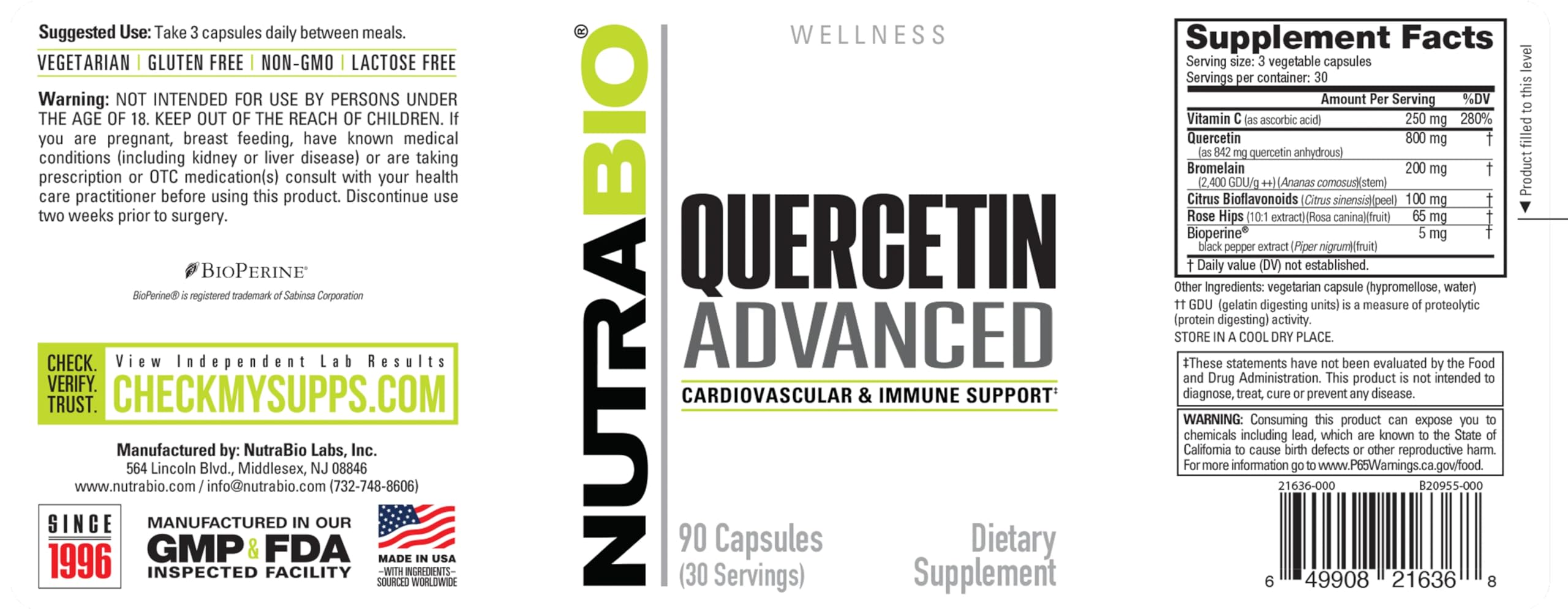 NutraBio Quercetin Advanced with Added Vitamin C and Bromelain - Potent Antioxidant - 90 Capsules - Dietary Supplement - Image 3