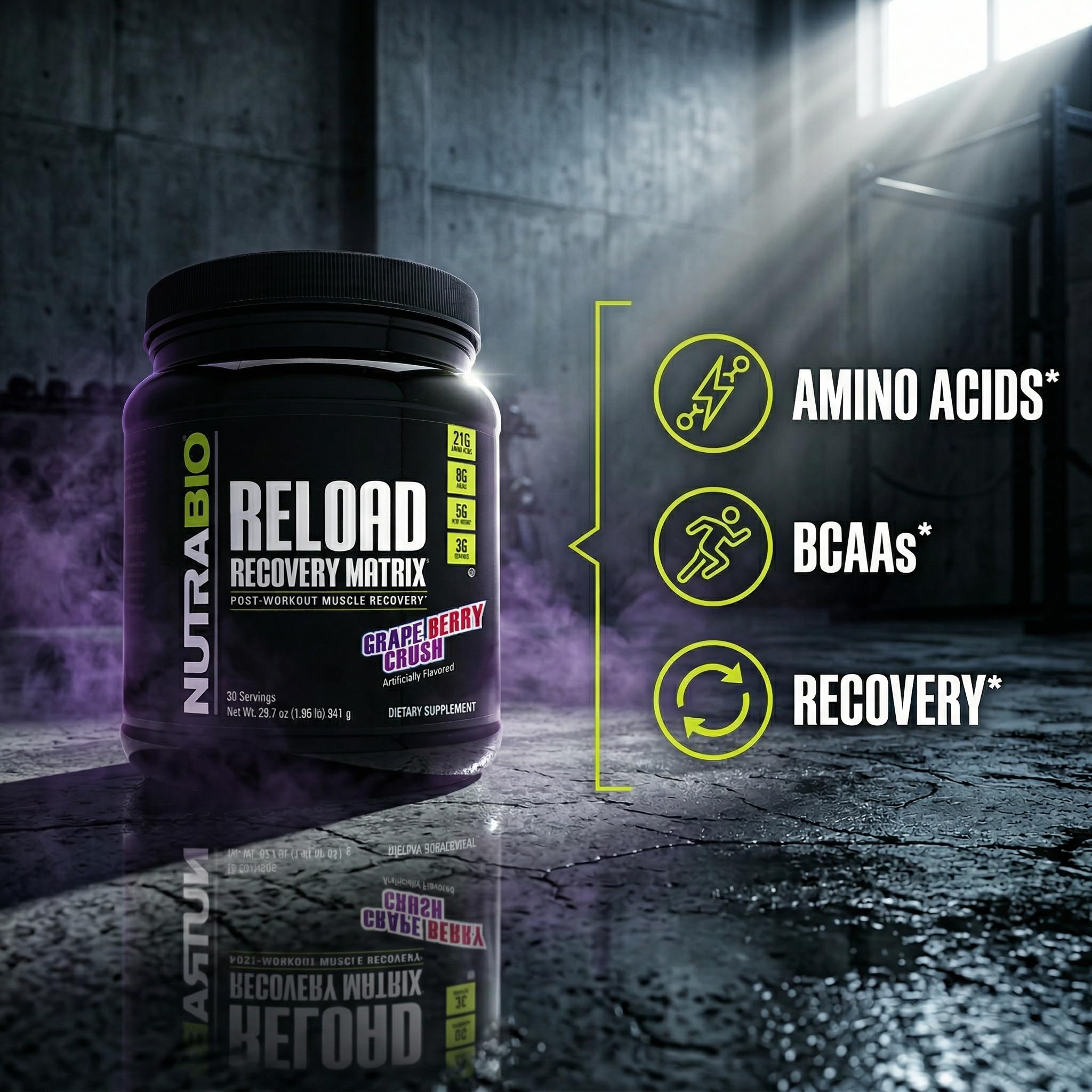 NutraBio Reload - Powerful Muscular Recovery Formula - Post-Workout Supplement - 3G Creatine - 8G BCAAs - 5G Glutamine - 30 Servings, Grape Berry Crush - Image 6