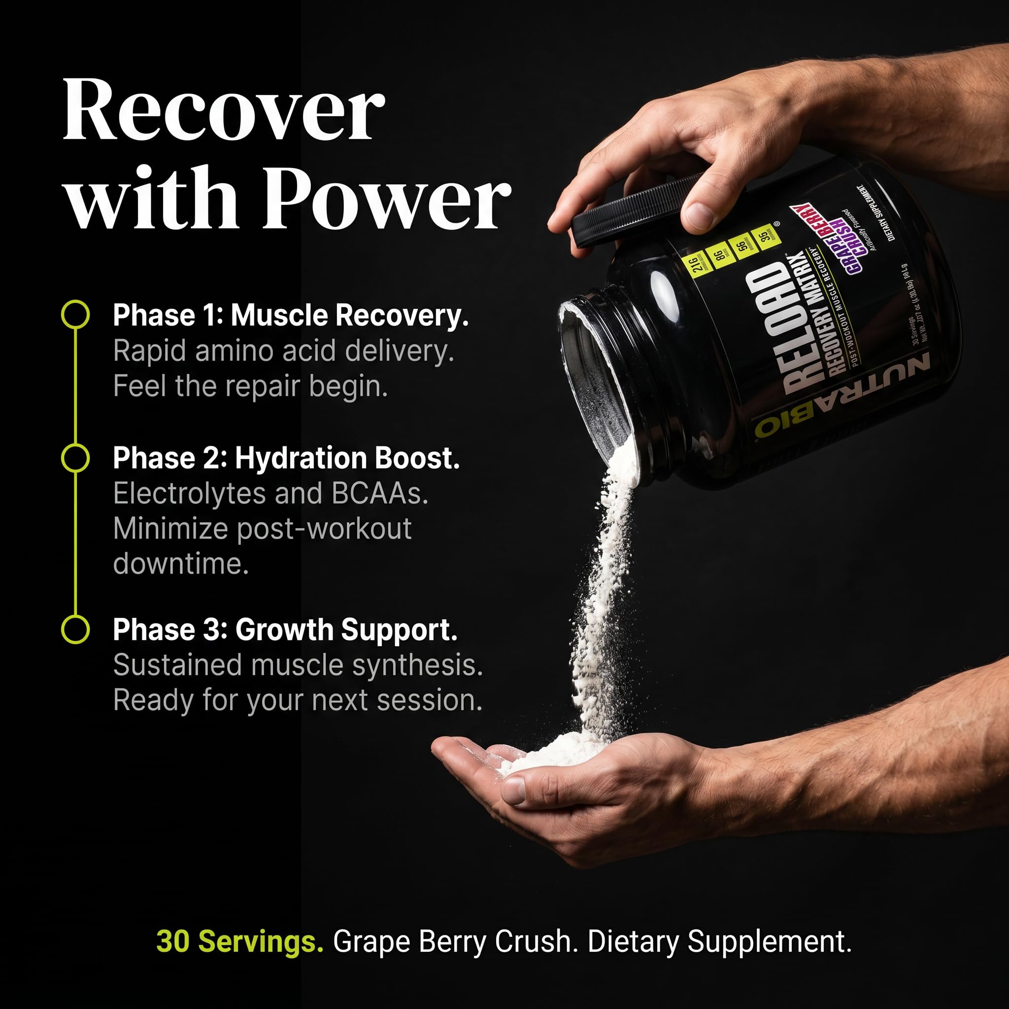 NutraBio Reload - Powerful Muscular Recovery Formula - Post-Workout Supplement - 3G Creatine - 8G BCAAs - 5G Glutamine - 30 Servings, Grape Berry Crush - Image 8