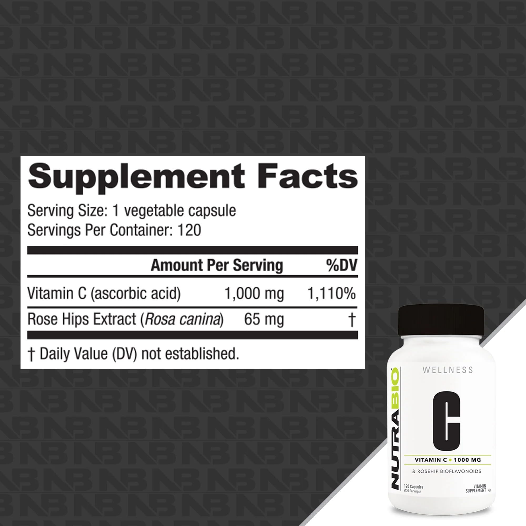 NutraBio Vitamin C with Rose Hips - Supports Healthy Bones, Teeth and Gums, Immune Function - No Fillers or Excipients - (120 Capsules, 1000mg of Vitamin C per Capsule) - Image 3