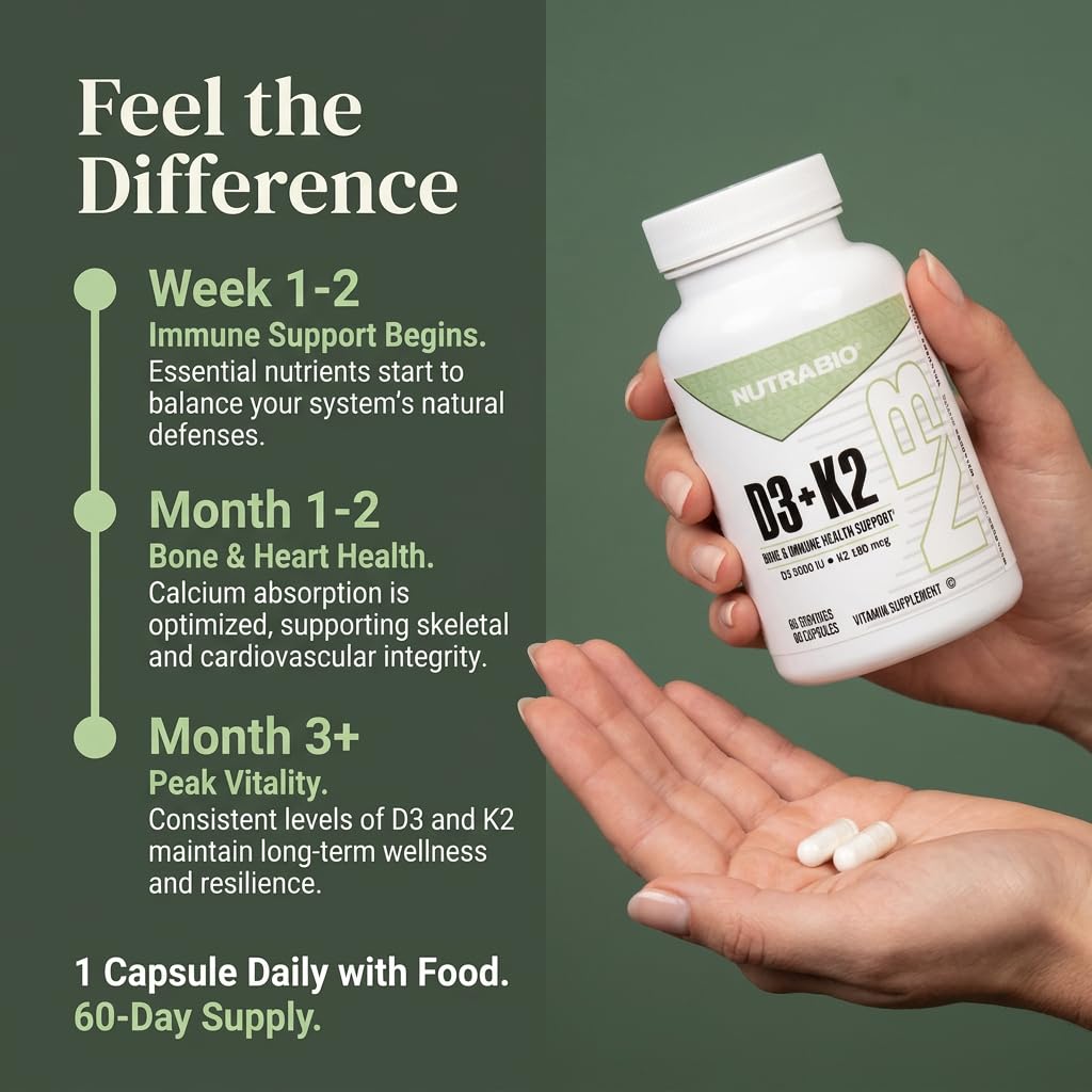 NutraBio Vitamin D3 K2 | 5000 IU D3 as Cholecalciferol with Vitamin K2 as MENA-Q MK7 (180mcg) | Support Bone and Heart Health | Non-GMO, Gluten Free, Lactose Free | 60 Vegetable Capsules - Image 5