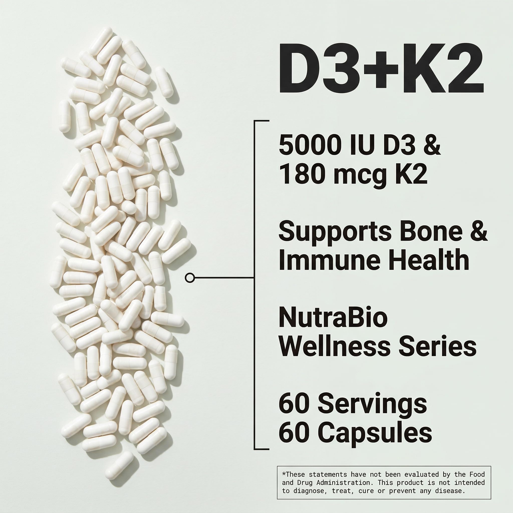 NutraBio Vitamin D3 K2 | 5000 IU D3 as Cholecalciferol with Vitamin K2 as MENA-Q MK7 (180mcg) | Support Bone and Heart Health | Non-GMO, Gluten Free, Lactose Free | 60 Vegetable Capsules - Image 6