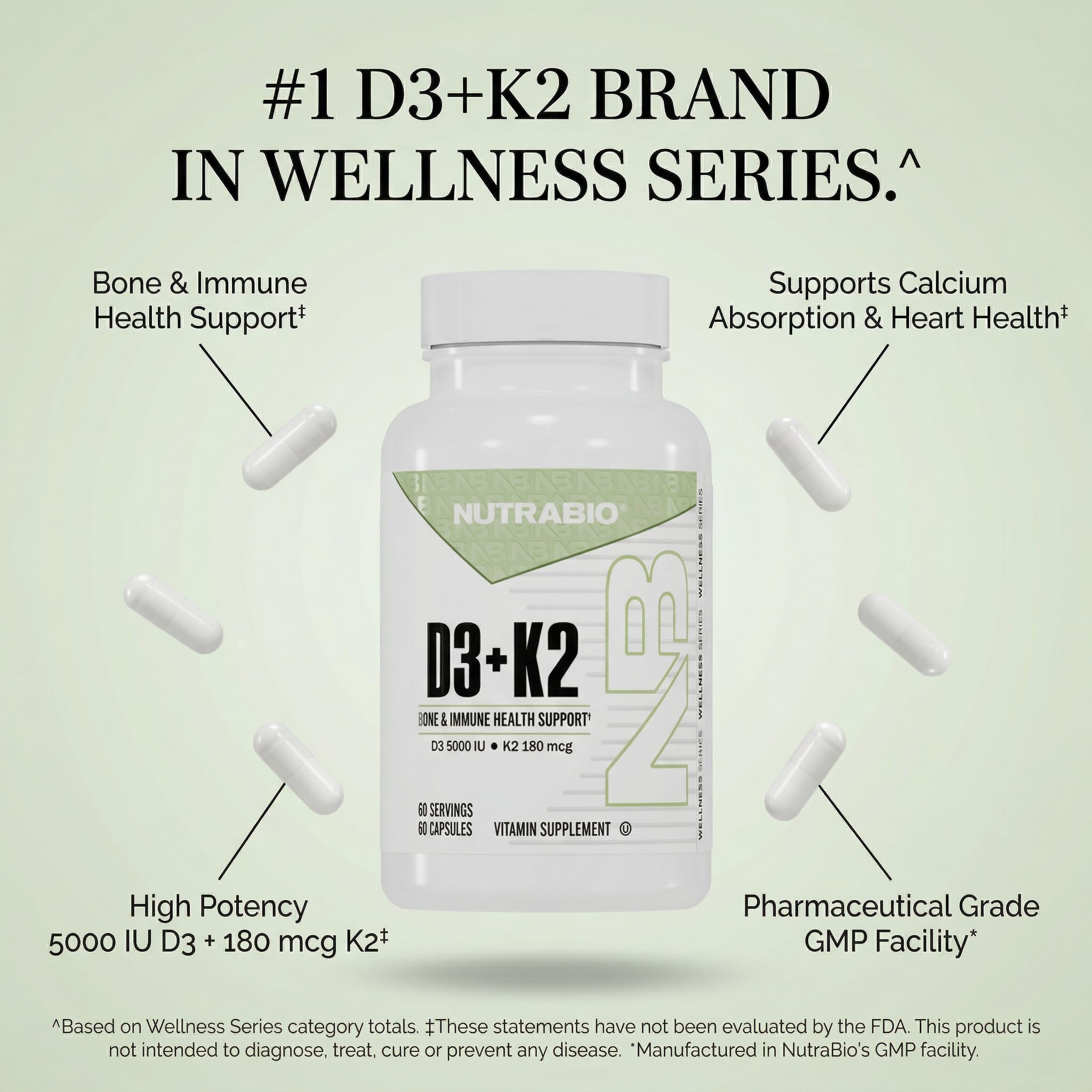 NutraBio Vitamin D3 K2 | 5000 IU D3 as Cholecalciferol with Vitamin K2 as MENA-Q MK7 (180mcg) | Support Bone and Heart Health | Non-GMO, Gluten Free, Lactose Free | 60 Vegetable Capsules - Image 7